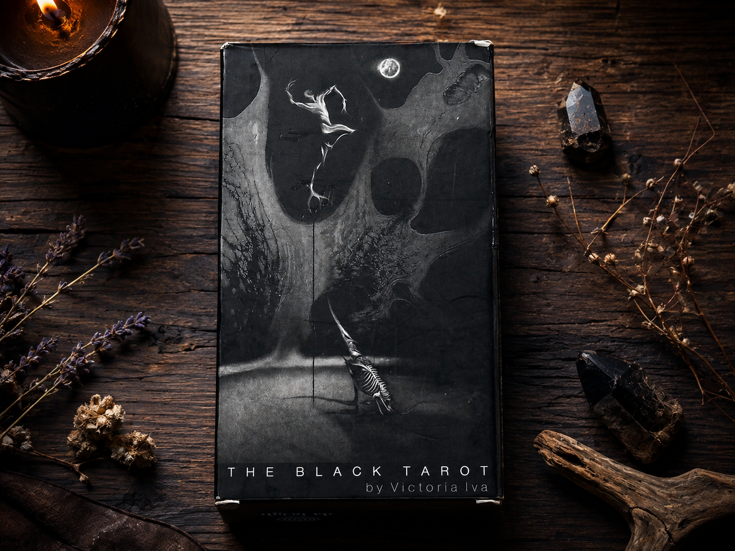 The Black Tarot deck box featuring gothic monochrome artwork by Victoria Iva
