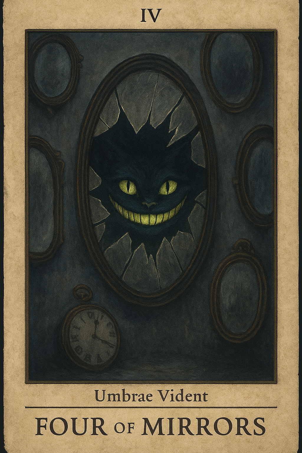 The Four of Mirrors tarot card featuring the Cheshire Cat breaking through a central mirror