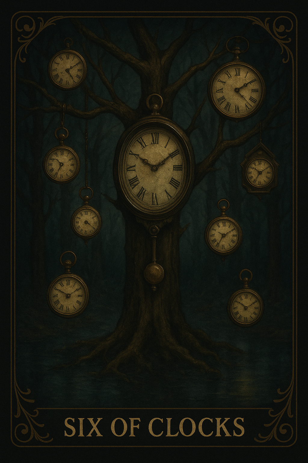 The Six of Clocks tarot card featuring pocket watches hanging from a dark tree