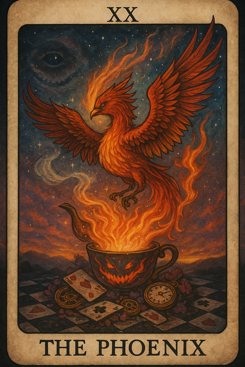 The Phoenix tarot card showing a fiery phoenix rising above a burning teacup