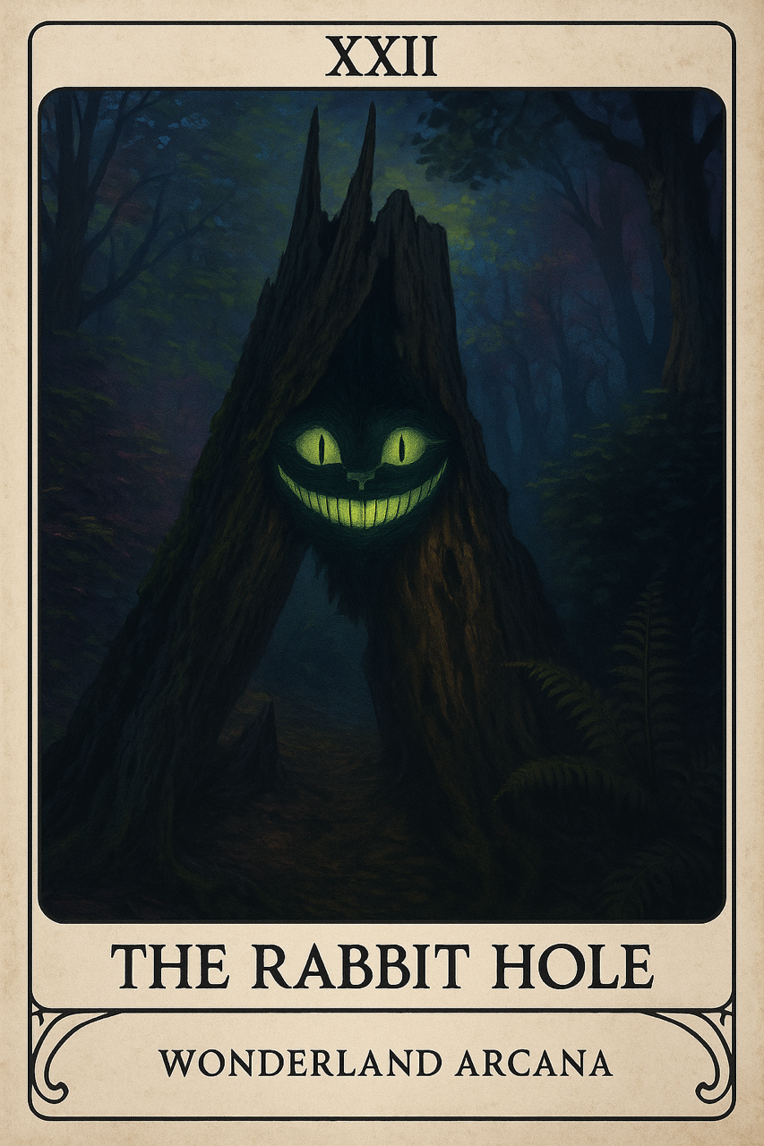 The Rabbit Hole tarot card showing a glowing Cheshire Cat face hidden inside a dark forest structure