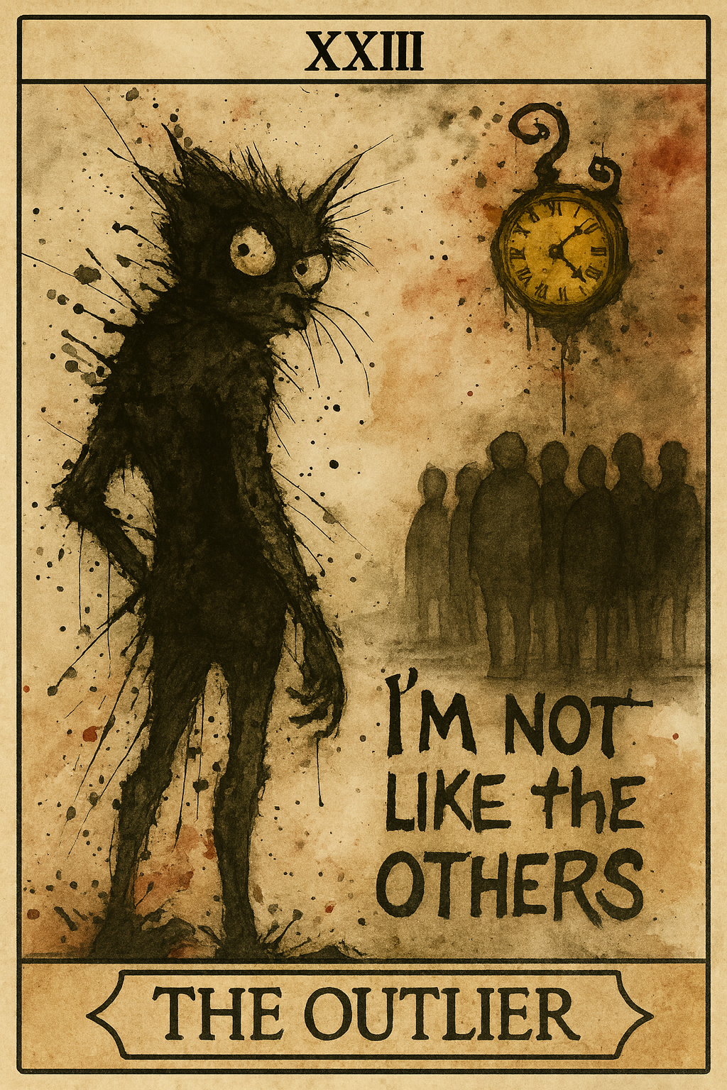 The Outlier tarot card showing an unusual black figure standing apart from a distant crowd
