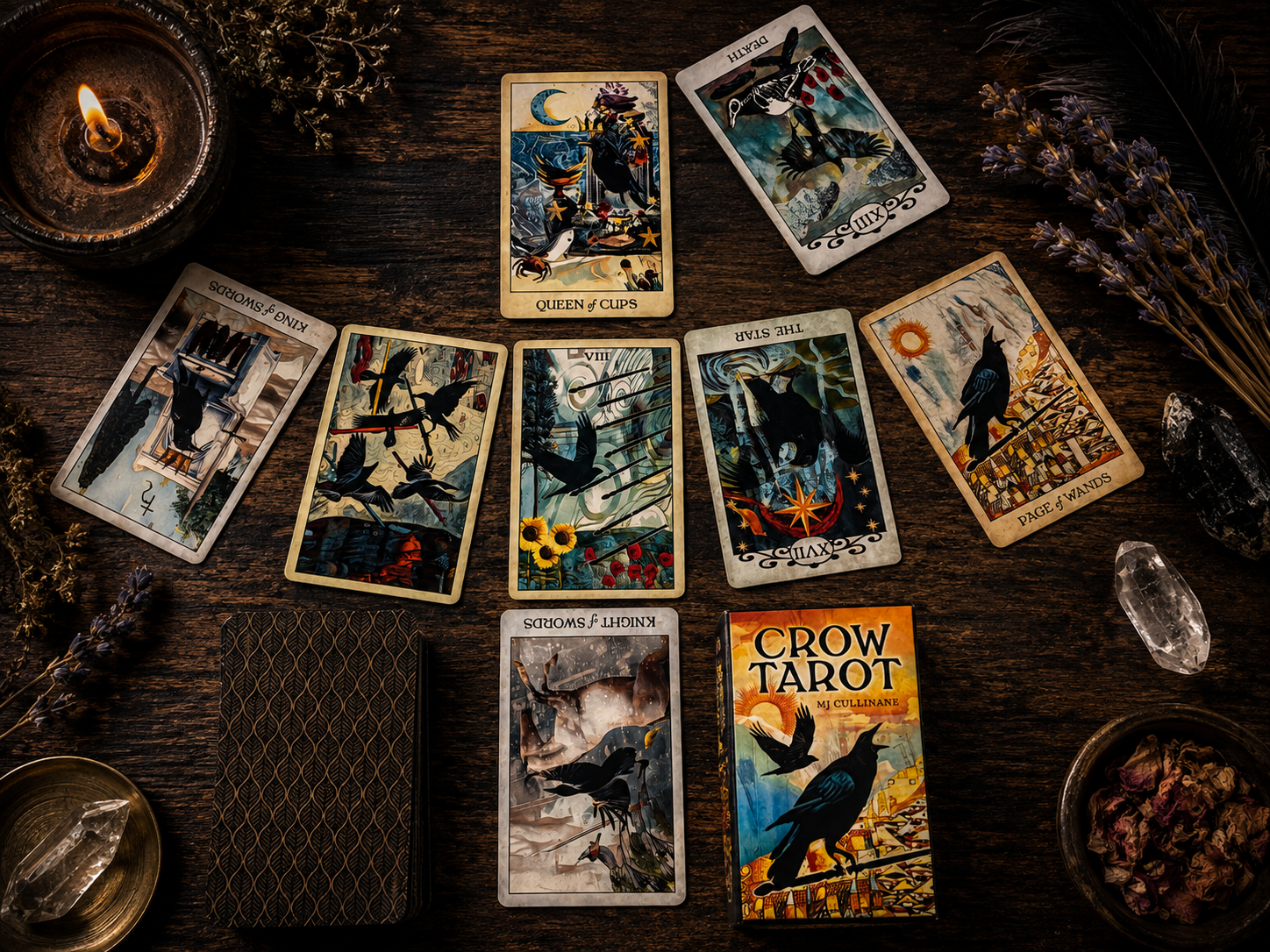 Crow Tarot cards arranged in an eight-card spread on a dark wooden table