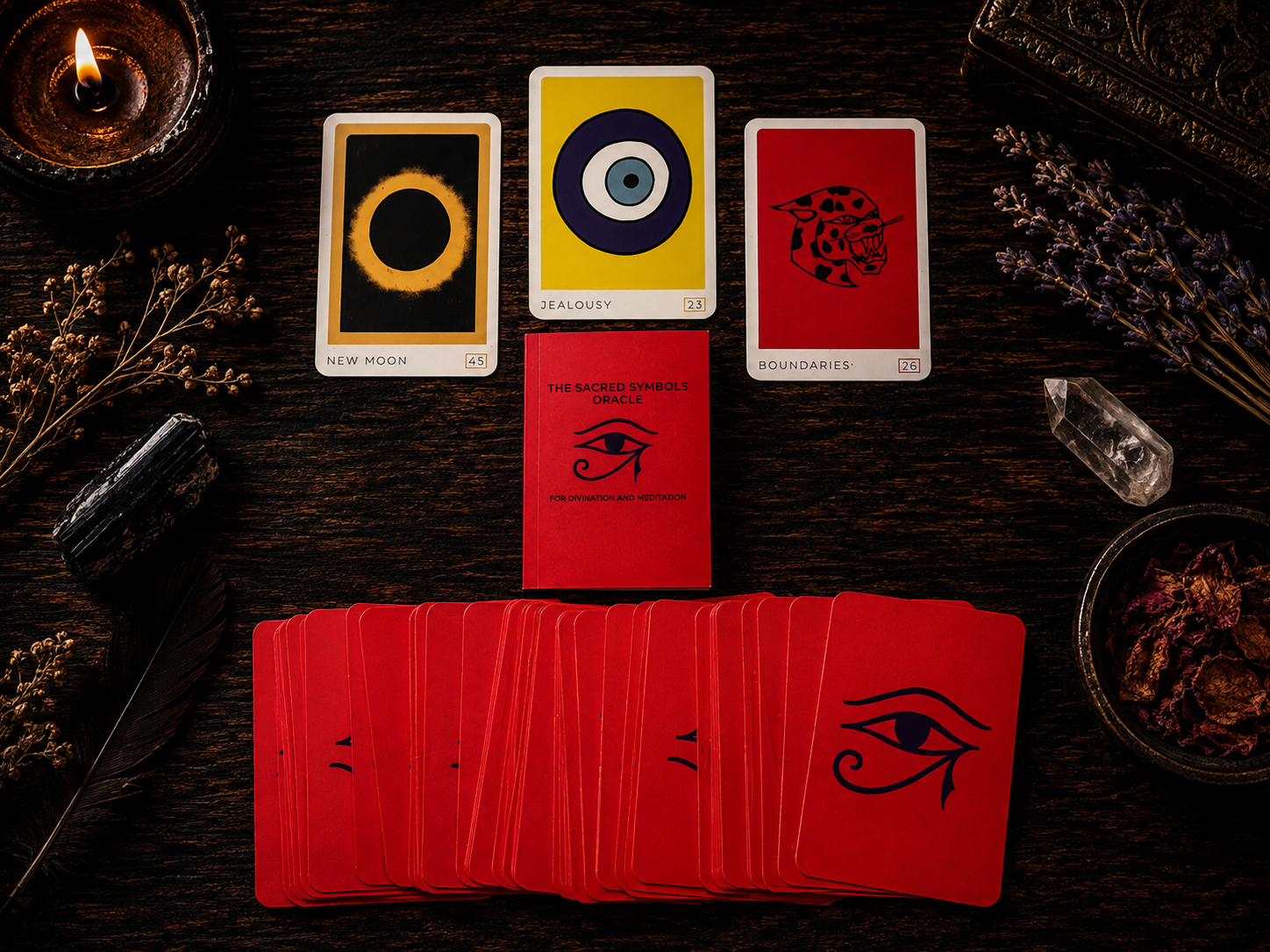 Sacred Symbols Oracle cards arranged on a dark wooden table with the red guidebook and deck