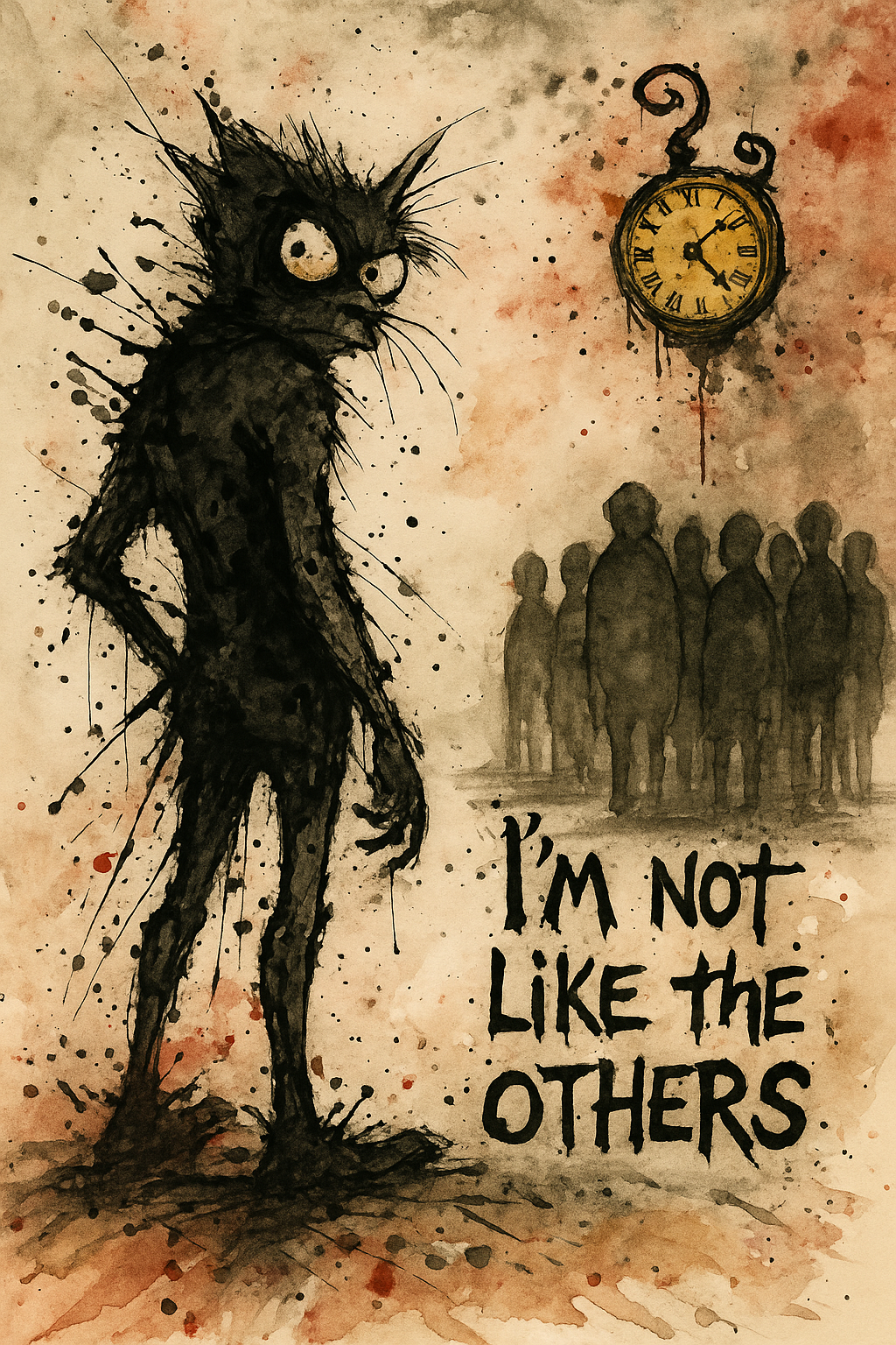 An early watercolor-style concept for The Outlier showing a black figure standing apart from a crowd