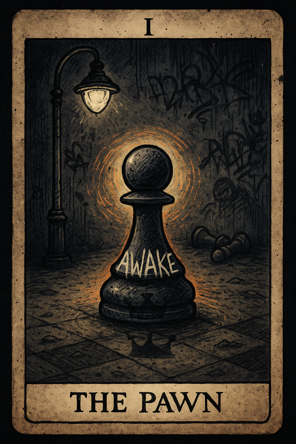 The Pawn tarot card showing a dark pawn beneath a streetlight with the word Awake written across it