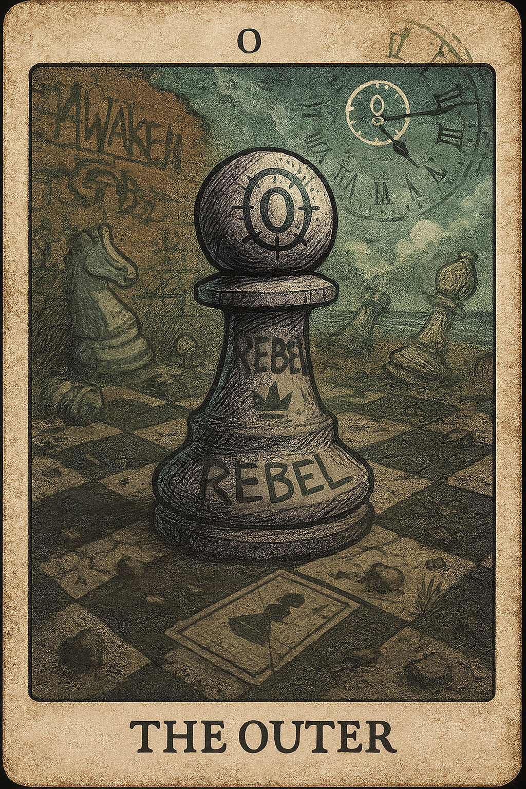 The alternate Pawn tarot card showing a rebel pawn on a chessboard surrounded by symbolic imagery