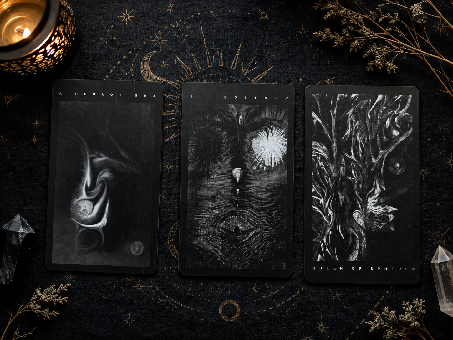 A three-card Black Tarot spread showing the reversed Lovers, reversed Justice, and Queen of Spheres on a black celestial cloth