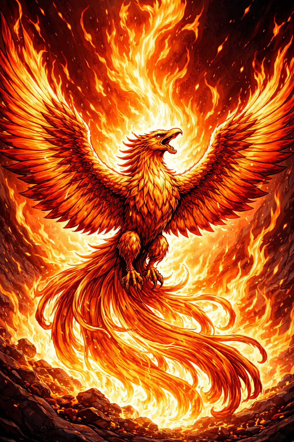 A brilliant phoenix rising with its wings spread amid a field of fire