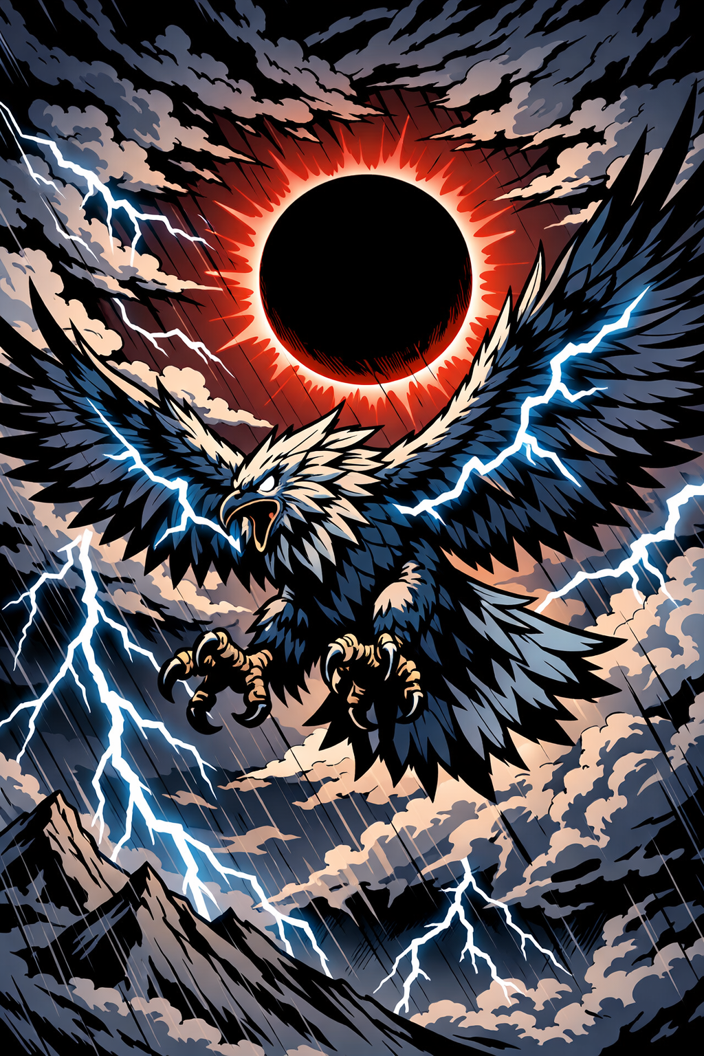 A dark thunderbird flying through lightning beneath an eclipsed sun
