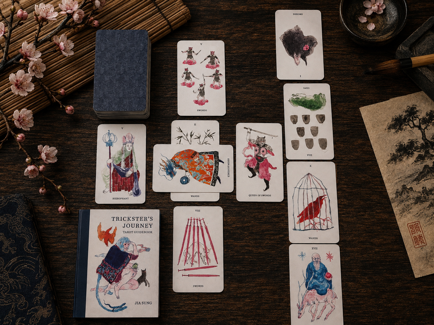 Trickster's Journey tarot deck spread across a dark wooden table with Japanese-inspired artwork and guidebook